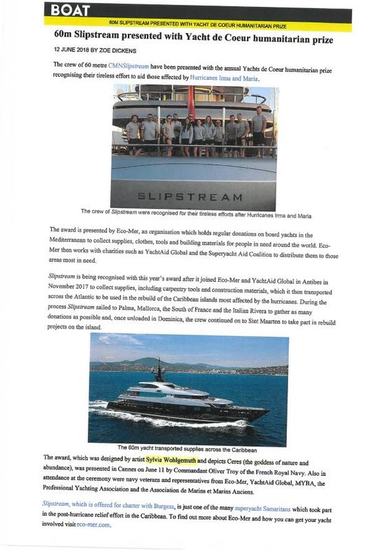 Article de presse sur BOAT INTERNATIONAL à la suite de la remise du Trophée des Yacht du Coeur